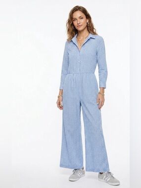 OSHOPLIVE $45 NWT Blue & White Gingham Long Sleeve Wide Leg Hi Rise Jumpsuit XL